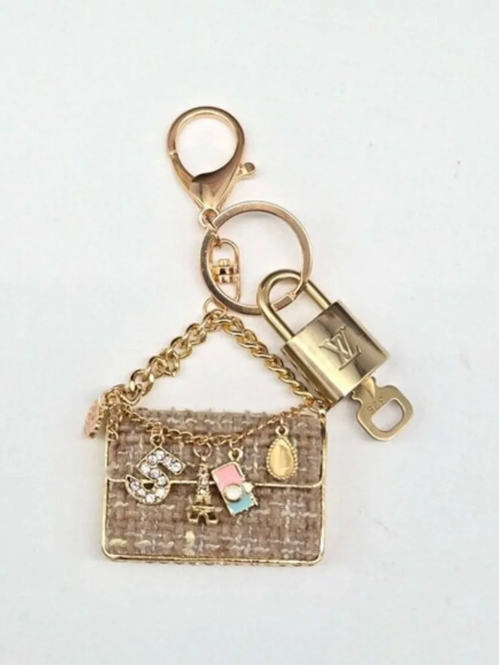 Authentic Louis Vuitton Padlock & Key Gold ✨Unbranded Tweed Bag Charm Keychain